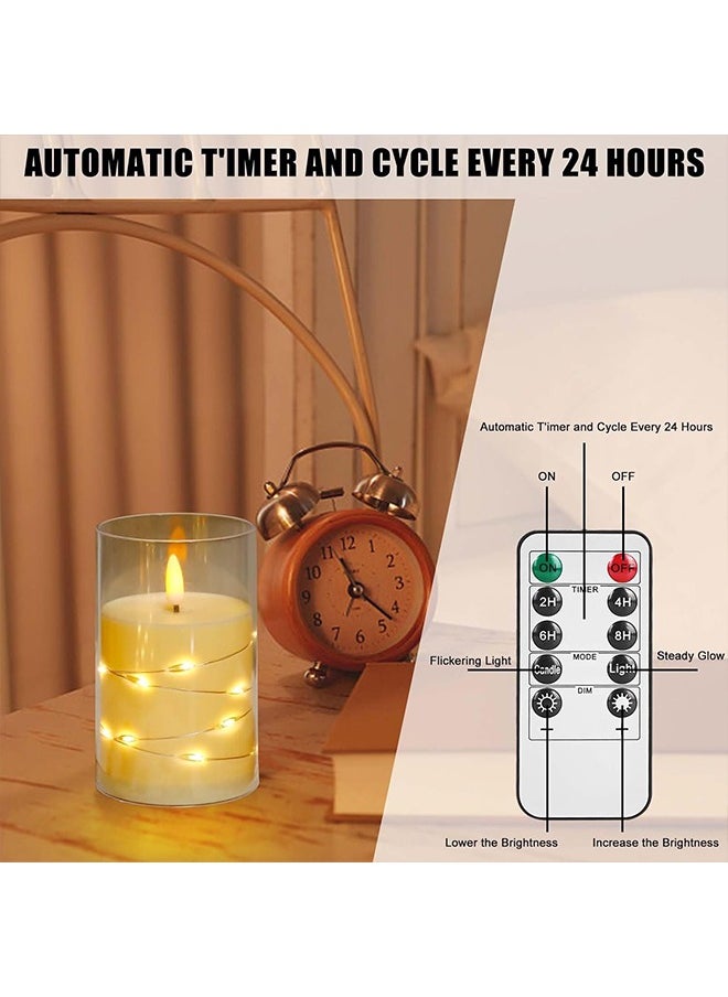 Ramadan Decorations For Home, Flameless LED Candles with Timer 3 pc Flickering Flameless Candles for Romantic Ambiance and Home Decoration,with Embedded Star String，Battery Operated Candles