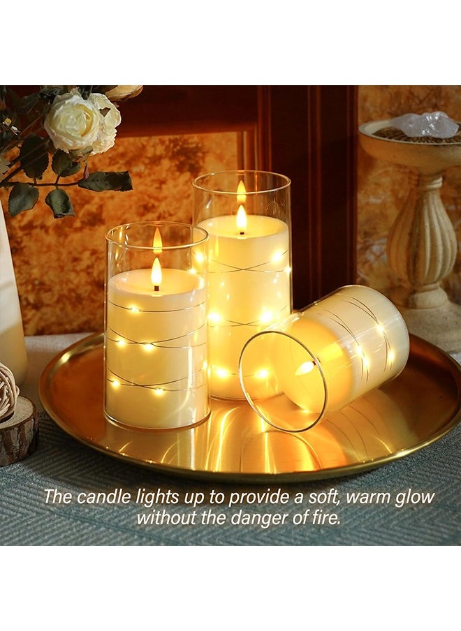 Ramadan Decorations For Home, Flameless LED Candles with Timer 3 pc Flickering Flameless Candles for Romantic Ambiance and Home Decoration,with Embedded Star String，Battery Operated Candles