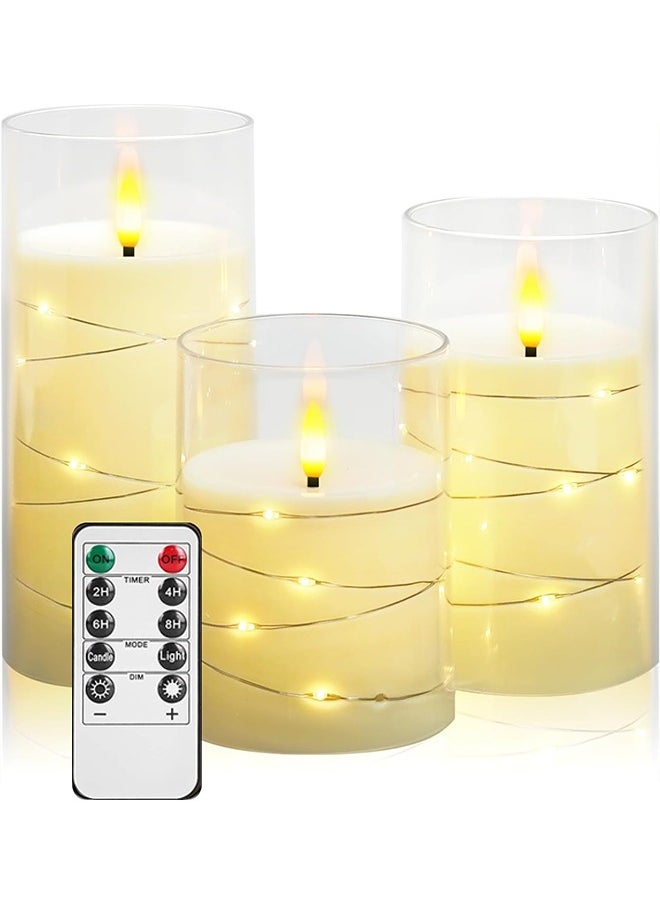 Ramadan Decorations For Home, Flameless LED Candles with Timer 3 pc Flickering Flameless Candles for Romantic Ambiance and Home Decoration,with Embedded Star String，Battery Operated Candles