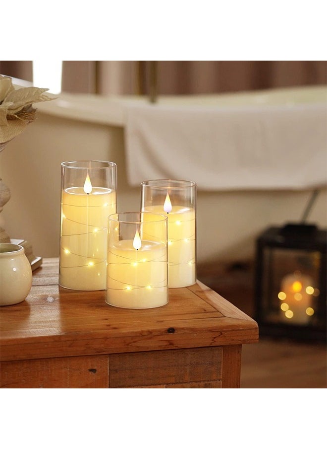 Ramadan Decorations For Home, Flameless LED Candles with Timer 3 pc Flickering Flameless Candles for Romantic Ambiance and Home Decoration,with Embedded Star String，Battery Operated Candles