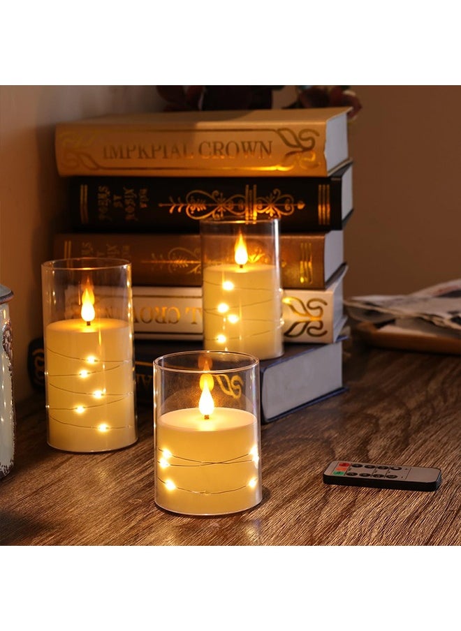 Ramadan Decorations For Home, Flameless LED Candles with Timer 3 pc Flickering Flameless Candles for Romantic Ambiance and Home Decoration,with Embedded Star String，Battery Operated Candles