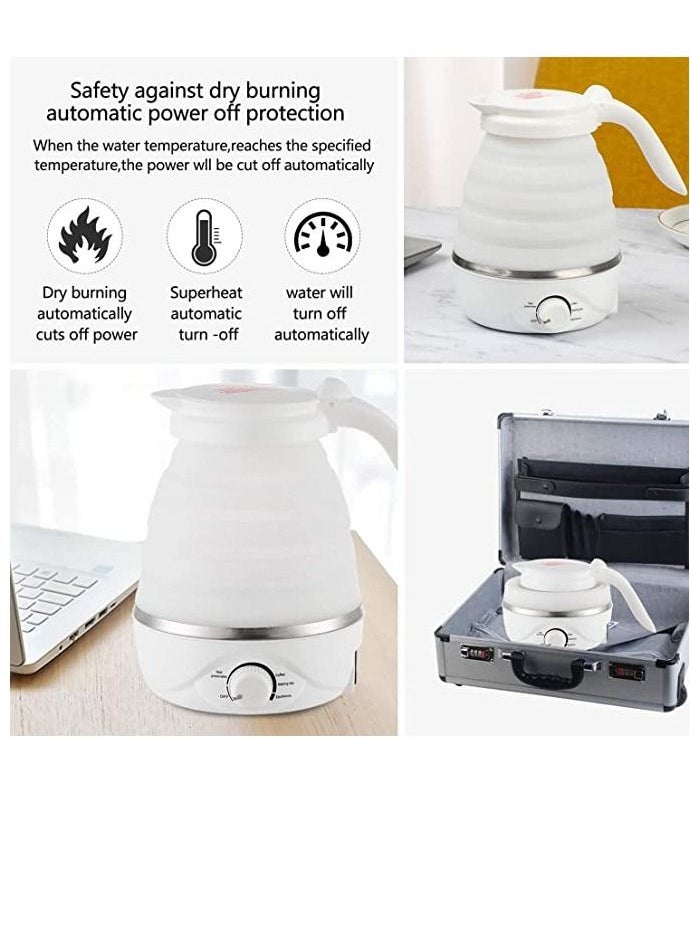 600ml Portable Folding Electric Kettle, Food Grade Silicone Kettle with Separable Power Cord, Mini Collapsible Water Container for Home Kitchen Outdoor (White)