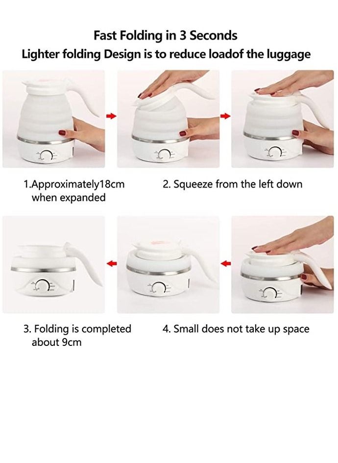 600ml Portable Folding Electric Kettle, Food Grade Silicone Kettle with Separable Power Cord, Mini Collapsible Water Container for Home Kitchen Outdoor (White)