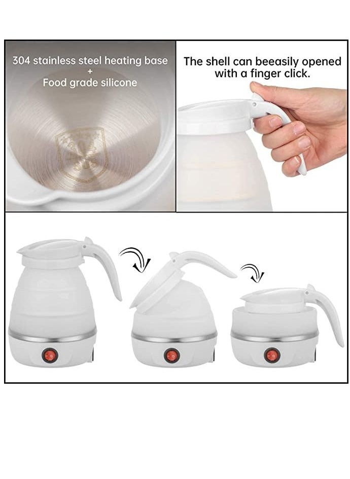 600ml Portable Folding Electric Kettle, Food Grade Silicone Kettle with Separable Power Cord, Mini Collapsible Water Container for Home Kitchen Outdoor (White)