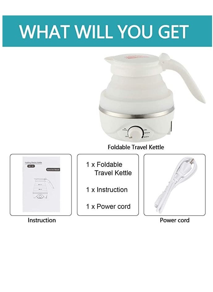 600ml Portable Folding Electric Kettle, Food Grade Silicone Kettle with Separable Power Cord, Mini Collapsible Water Container for Home Kitchen Outdoor (White)