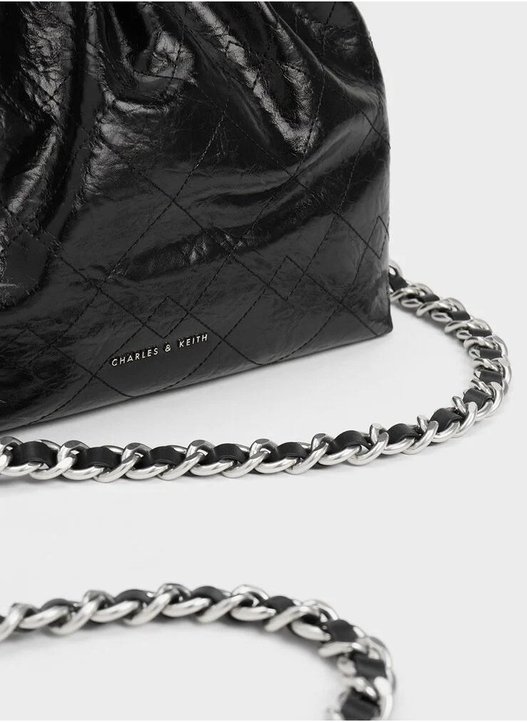 Duo Chain Handle Shoulder Bag & Crossbody Bag & Hobo Bag - Black