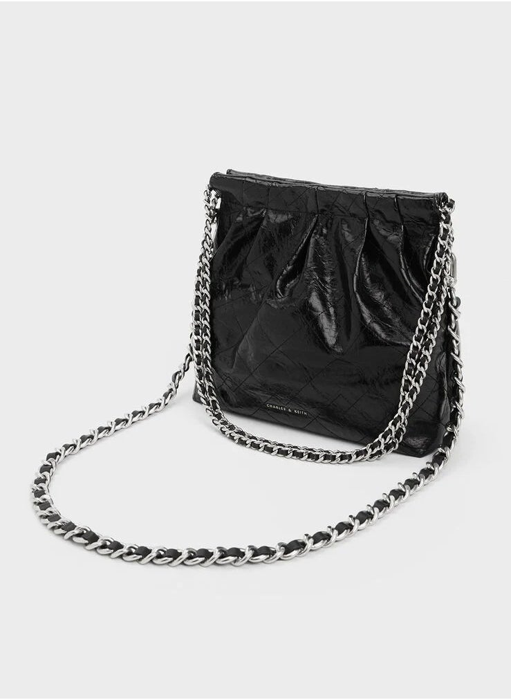 Duo Chain Handle Shoulder Bag & Crossbody Bag & Hobo Bag - Black