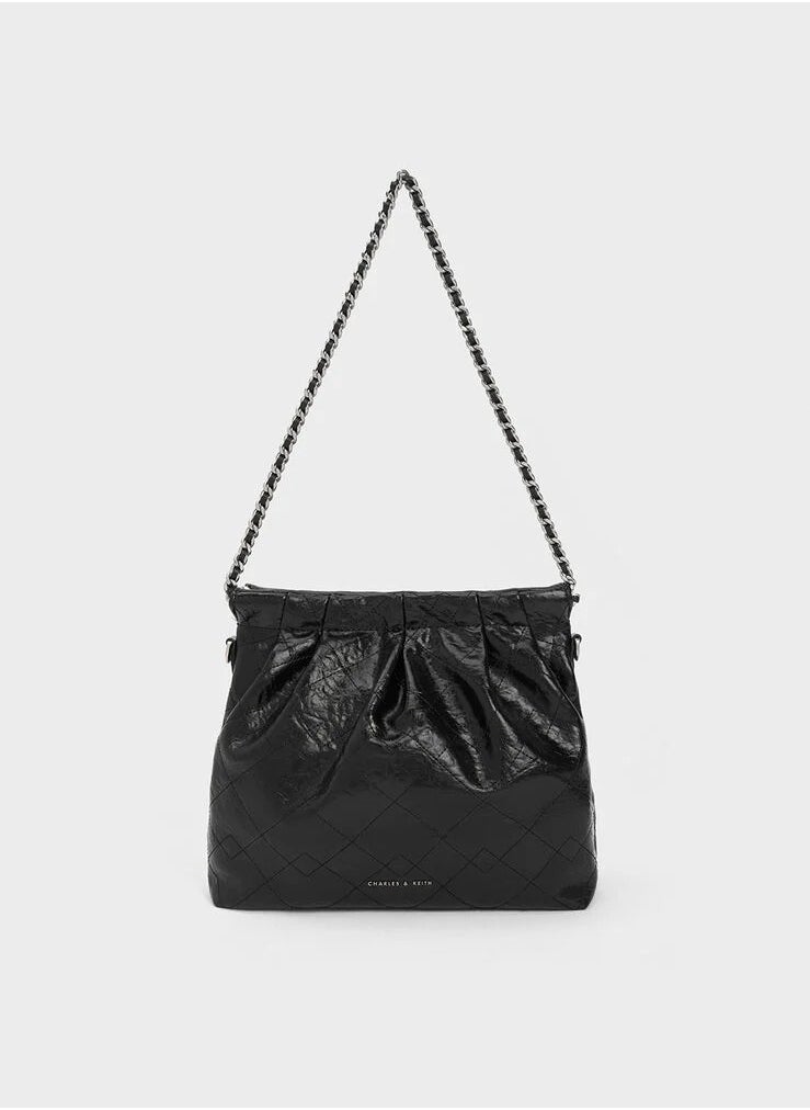 Duo Chain Handle Shoulder Bag & Crossbody Bag & Hobo Bag - Black