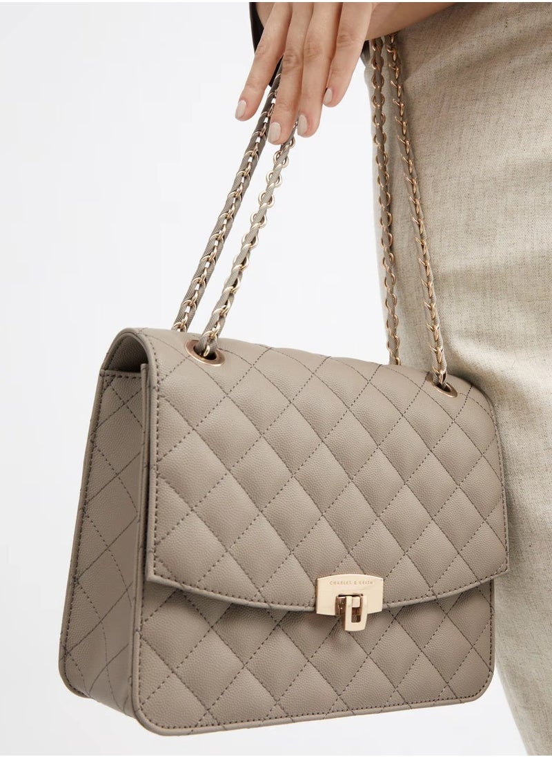 Quilted Chain Strap Bag & Shoulder Bag - Taupe