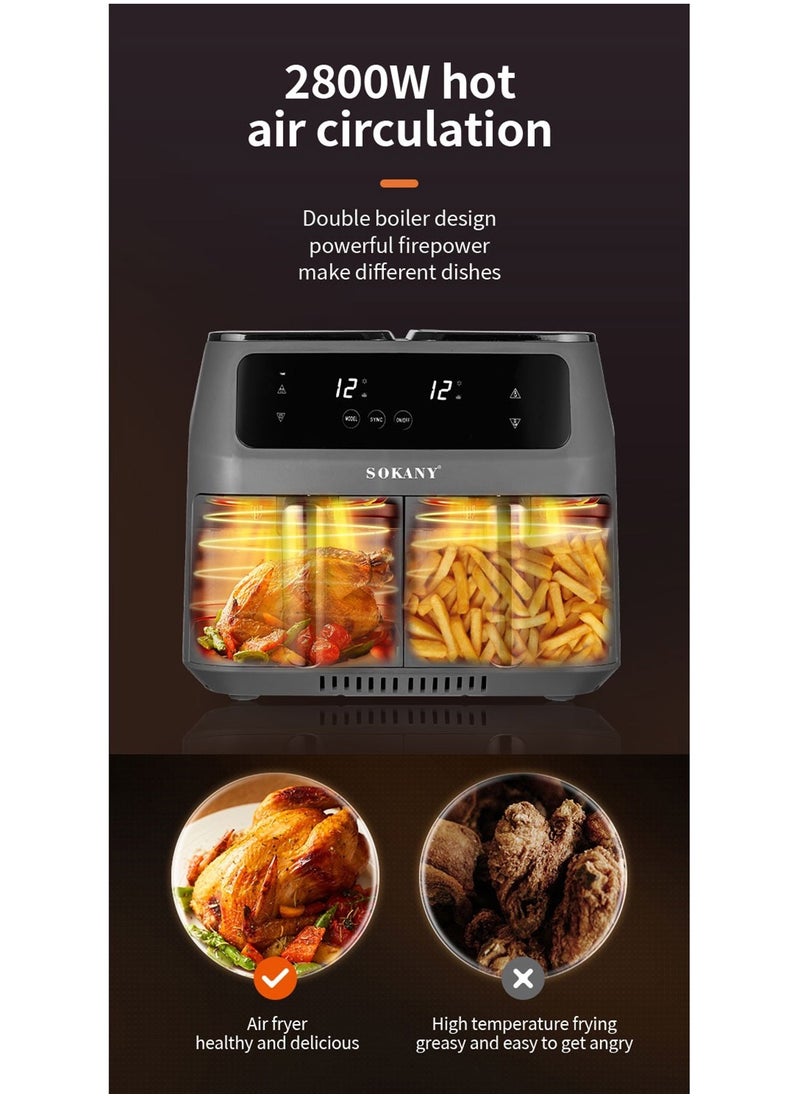 Digital Dual Zone Air Fryer 2800W 4L+4L Capacity With Rapid Hot Air Circulation For Frying, Grilling, Broiling, Roasting, and Baking SK-ZG-8030