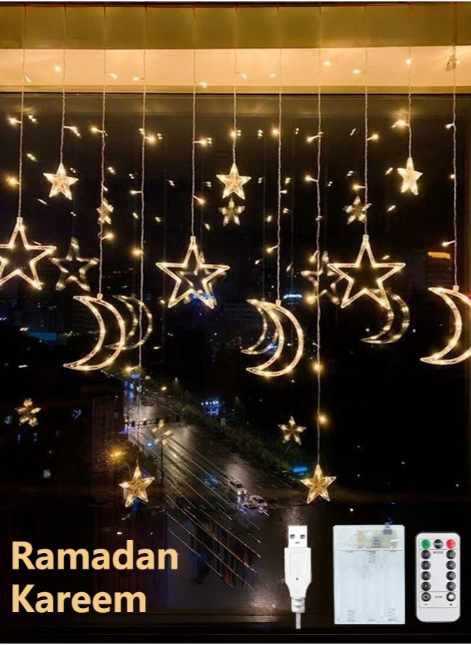 Ramadan Decorations Lights Moon Star String Curtain Ramadan Lights Moons and Stars LED Night Light for Ramadan Home Decoration Party, USB and Battery Box Powered (Warm White)