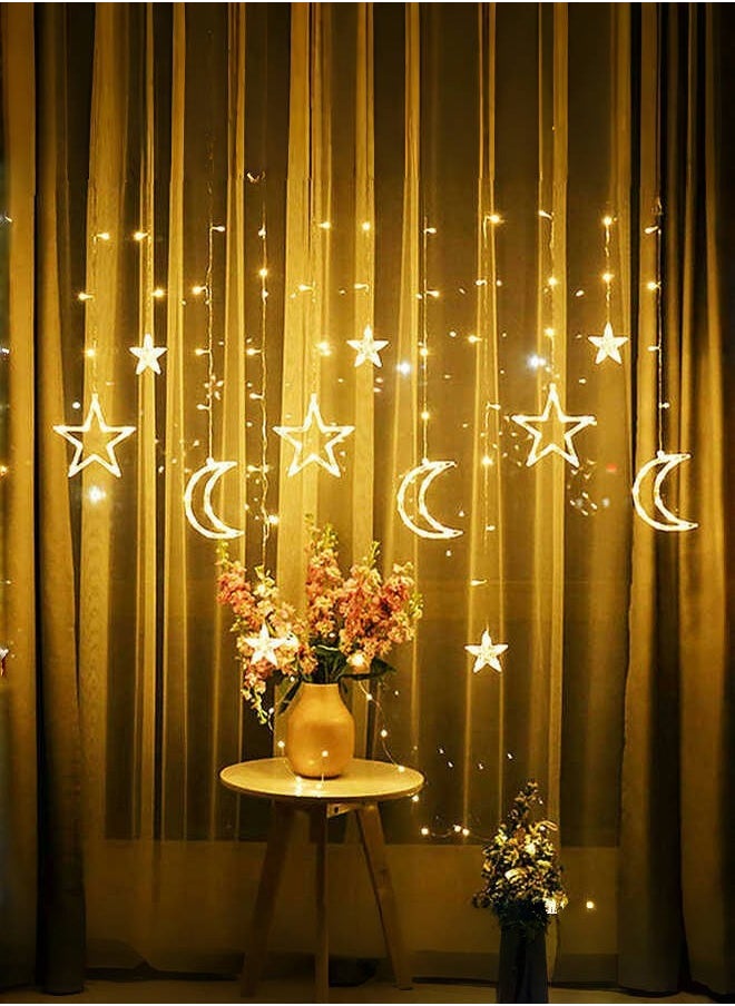 Ramadan Decorations Lights Moon Star String Curtain Ramadan Lights Moons and Stars LED Night Light for Ramadan Home Decoration Party, USB and Battery Box Powered (Warm White)