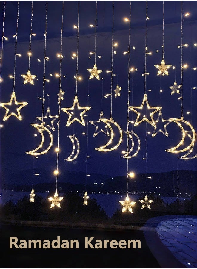 Ramadan Decorations Lights Moon Star String Curtain Ramadan Lights Moons and Stars LED Night Light for Ramadan Home Decoration Party, USB and Battery Box Powered (Warm White)