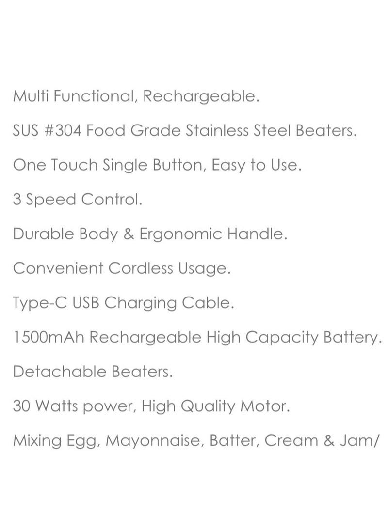 Cordless Rechargeable Hand Mixer, 1500W Electric Mixer with 3 Speed Control, Food-Grade Beaters, Portable Kitchen Mixer with 2 Pairs of Stainless Steel Attachments for Baking, Whipping & Mixing