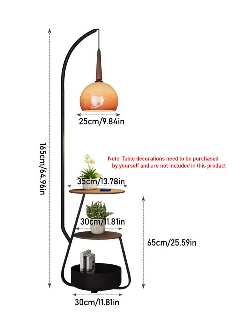 Wylolik Modern Multifunctional Floor Lamp Nordic Floor Lamps with 2 Tables and 1 Storage Container Vertical Lamp with Orange Glass Shade Practical Floor Standing Lights Decorative Floor Uc