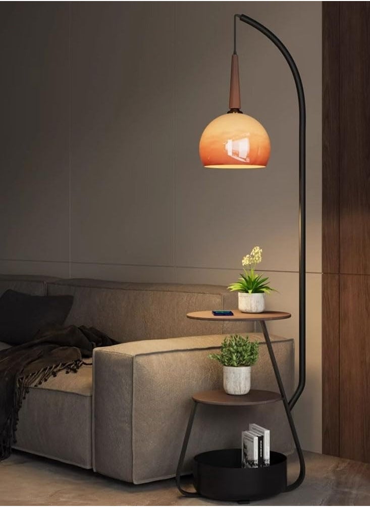 Wylolik Modern Multifunctional Floor Lamp Nordic Floor Lamps with 2 Tables and 1 Storage Container Vertical Lamp with Orange Glass Shade Practical Floor Standing Lights Decorative Floor Uc