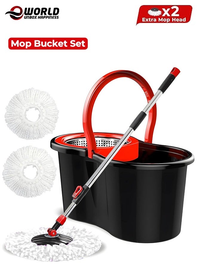 Spin Mop and Bucket Set with 360° Spinning Wringer, Stainless Steel Telescopic Handle, Extra Super Absorbent Reusable Microfiber Mop Heads, 6L Bucket Capacity, Perfect for Efficient Floor Cleaning, Ideal for All Floor Types