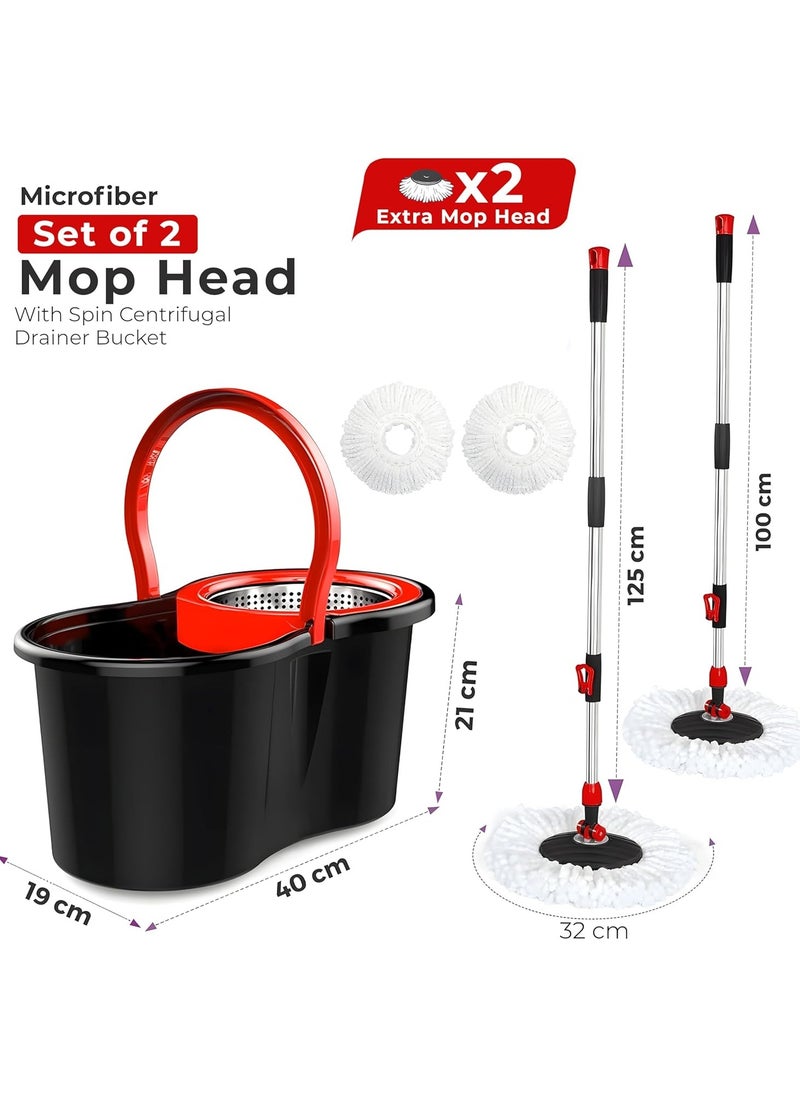 Spin Mop and Bucket Set with 360° Spinning Wringer, Stainless Steel Telescopic Handle, Extra Super Absorbent Reusable Microfiber Mop Heads, 6L Bucket Capacity, Perfect for Efficient Floor Cleaning, Ideal for All Floor Types