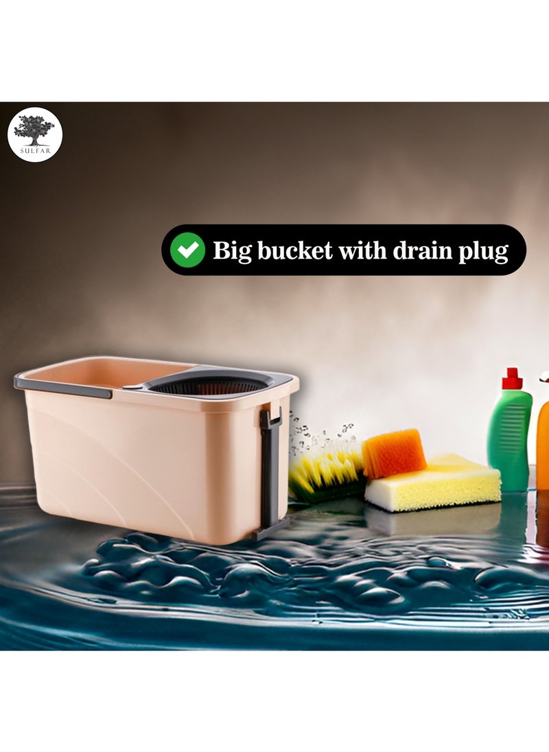 Sulfar Spin Bucket Mop Set with Plastic Wringer and Auto-fold Handle, Peach, (1 Extra Refill)