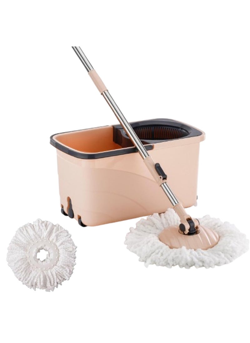 Sulfar Spin Bucket Mop Set with Plastic Wringer and Auto-fold Handle, Peach, (1 Extra Refill)