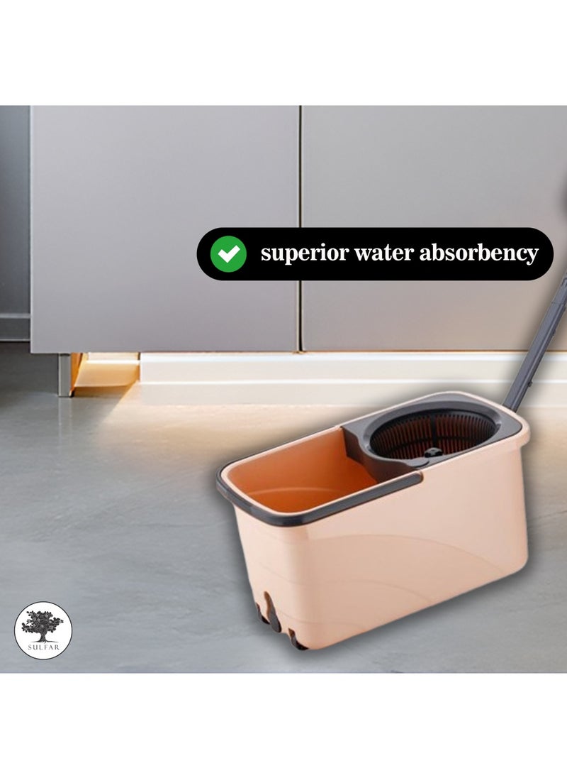 Sulfar Spin Bucket Mop Set with Plastic Wringer and Auto-fold Handle, Peach, (1 Extra Refill)