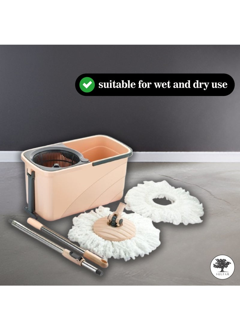 Sulfar Spin Bucket Mop Set with Plastic Wringer and Auto-fold Handle, Peach, (1 Extra Refill)