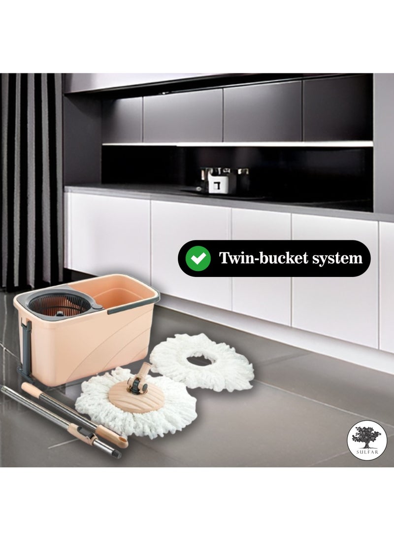 Sulfar Spin Bucket Mop Set with Plastic Wringer and Auto-fold Handle, Peach, (1 Extra Refill)