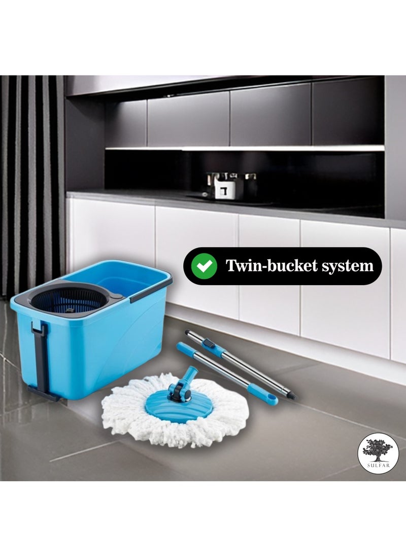 Sulfar Spin Bucket Mop Set with Plastic Wringer and Auto-fold Handle, Blue, (1 Extra Refill)