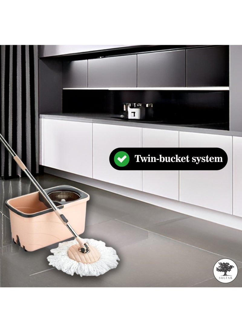 Sulfar Spin Bucket Mop Set with Steel Wringer and Auto-fold Handle, Peach, (1 Extra Refill)