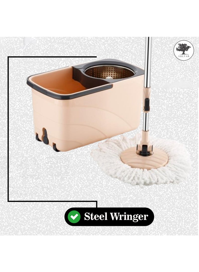 Sulfar Spin Bucket Mop Set with Steel Wringer and Auto-fold Handle, Peach, (1 Extra Refill)