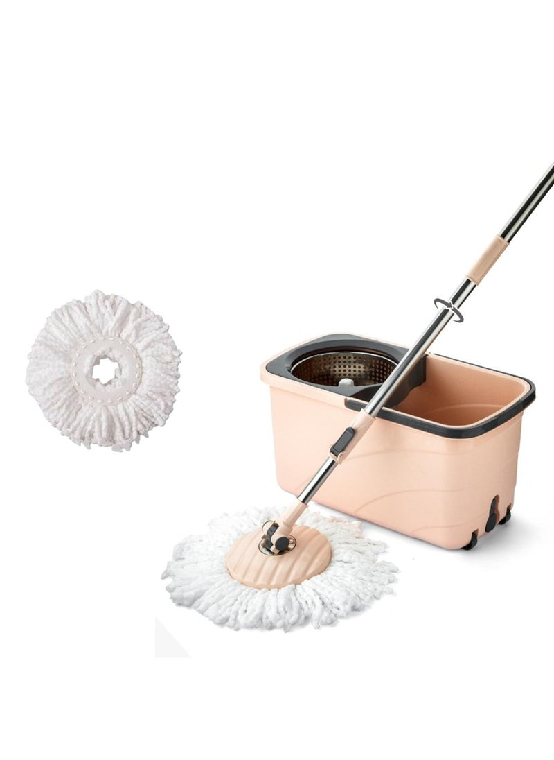 Sulfar Spin Bucket Mop Set with Steel Wringer and Auto-fold Handle, Peach, (1 Extra Refill)