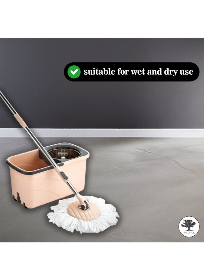 Sulfar Spin Bucket Mop Set with Steel Wringer and Auto-fold Handle, Peach, (1 Extra Refill)