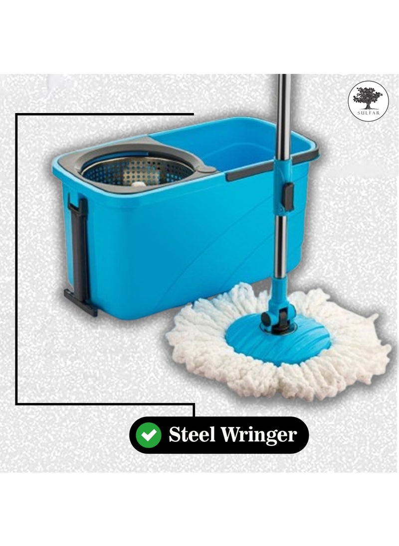 Sulfar Spin Bucket Mop Set with Steel Wringer and Auto-fold Handle, Blue, (1 Extra Refill)