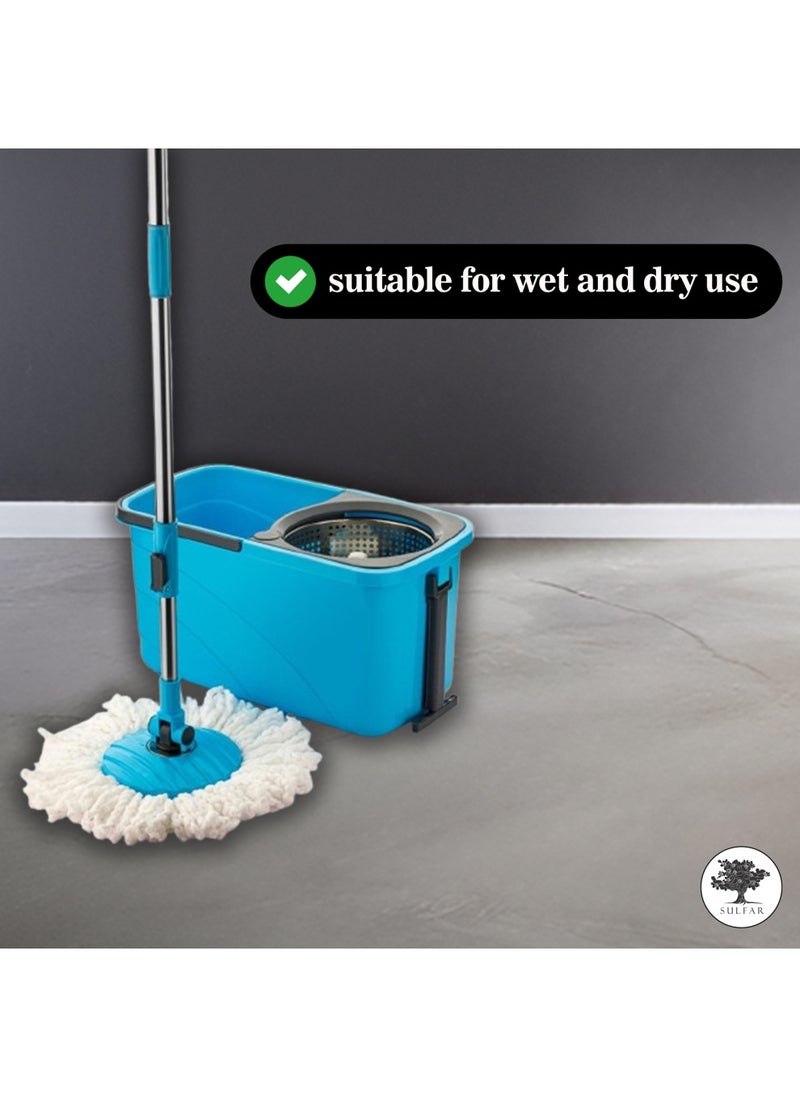 Sulfar Spin Bucket Mop Set with Steel Wringer and Auto-fold Handle, Blue, (1 Extra Refill)