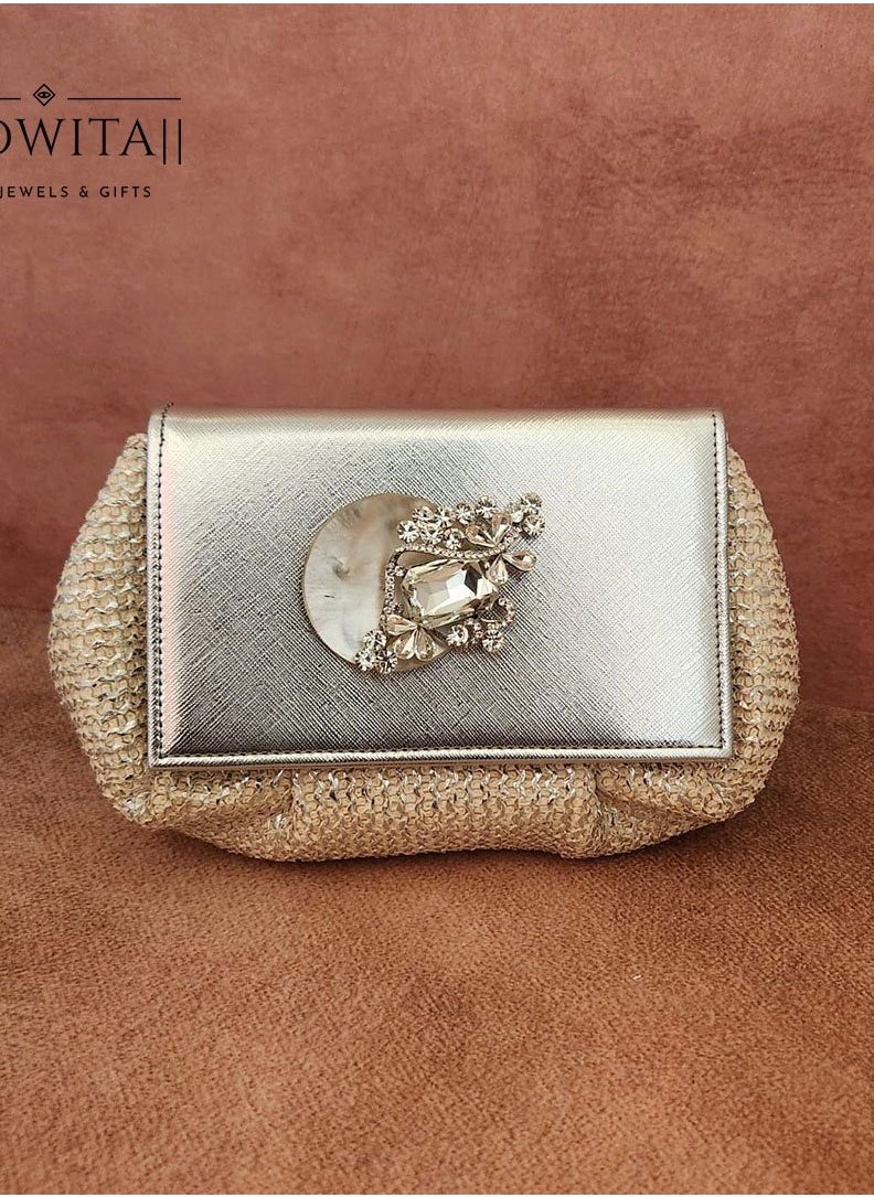 Batua Bag In White And Silver With Clear Crystal Broach With Mother Of Pearl Shell