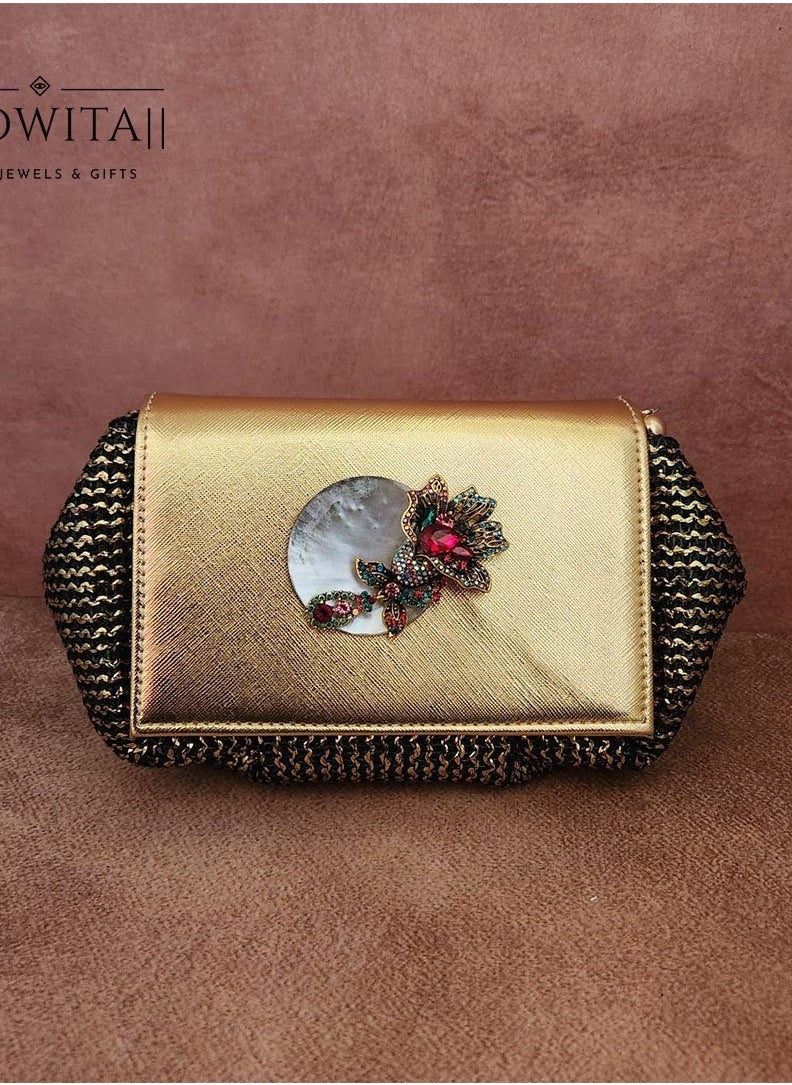 Batua Bag In Black And Gold With Vintage Rose