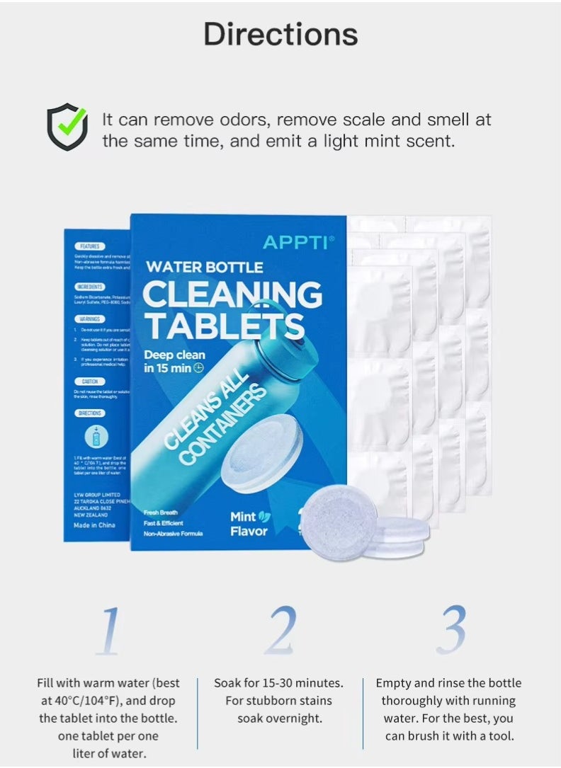 24 Count Water Bottle Cleaning Tablets Bottle Cleansing Tablet Hydration Pack Cleaning Tablets for All Plastics and Glass Drinking Container Mint Flavor Deep 15Min Clean Cleaner Tablets