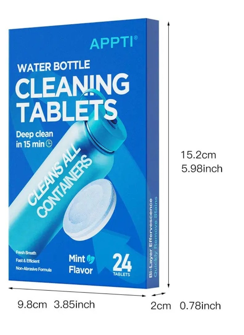 24 Count Water Bottle Cleaning Tablets Bottle Cleansing Tablet Hydration Pack Cleaning Tablets for All Plastics and Glass Drinking Container Mint Flavor Deep 15Min Clean Cleaner Tablets