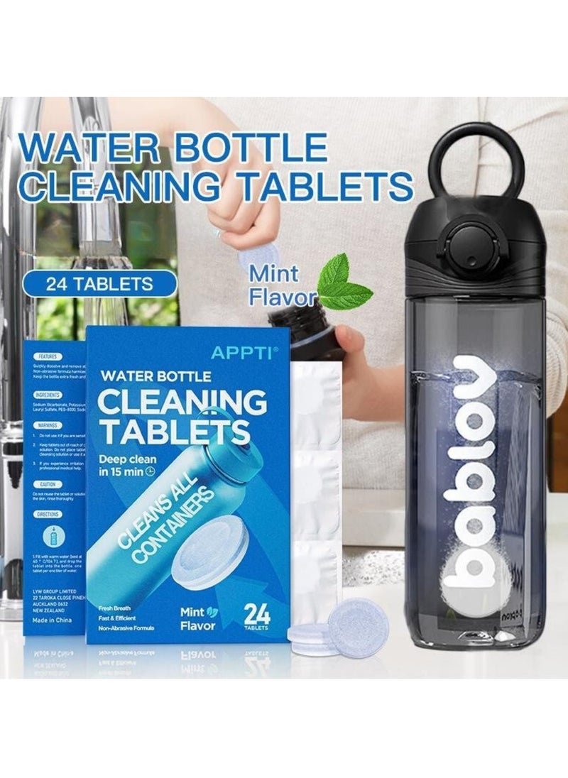 24 Count Water Bottle Cleaning Tablets Bottle Cleansing Tablet Hydration Pack Cleaning Tablets for All Plastics and Glass Drinking Container Mint Flavor Deep 15Min Clean Cleaner Tablets