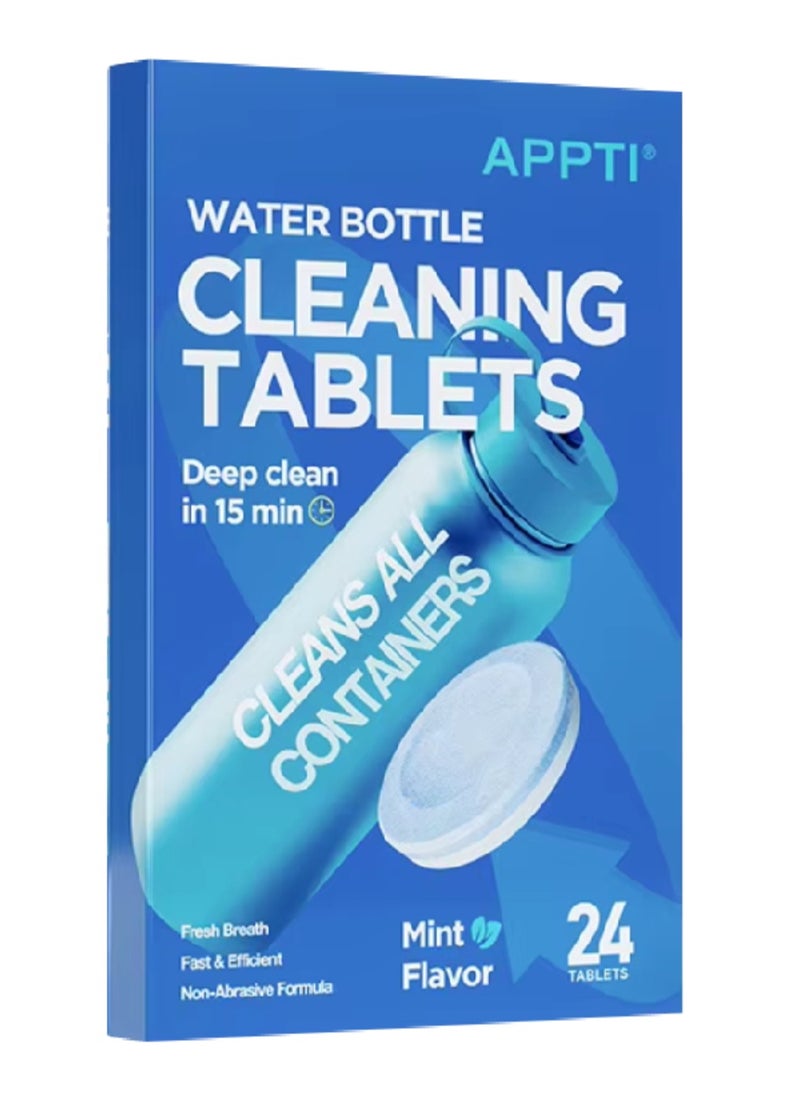 24 Count Water Bottle Cleaning Tablets Bottle Cleansing Tablet Hydration Pack Cleaning Tablets for All Plastics and Glass Drinking Container Mint Flavor Deep 15Min Clean Cleaner Tablets