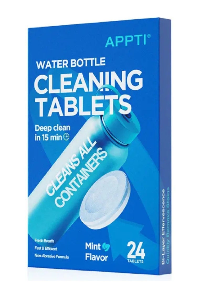 24 Count Water Bottle Cleaning Tablets Bottle Cleansing Tablet Hydration Pack Cleaning Tablets for All Plastics and Glass Drinking Container Mint Flavor Deep 15Min Clean Cleaner Tablets