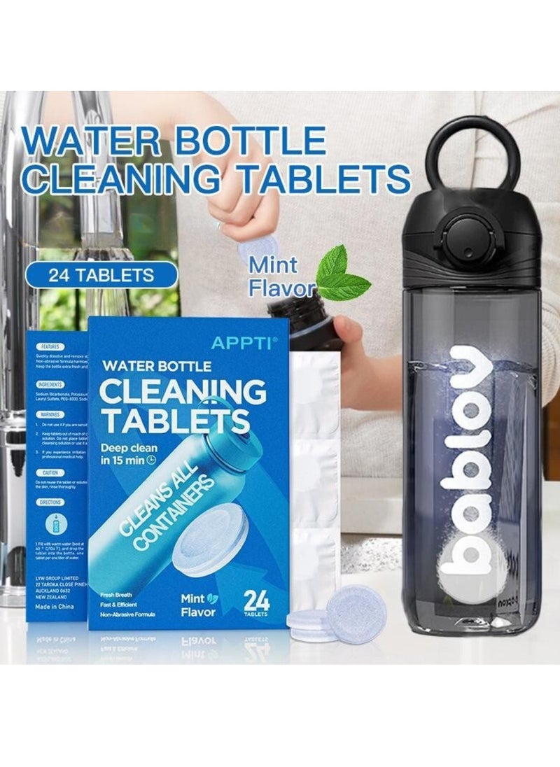 24 Count Water Bottle Cleaning Tablets Bottle Cleansing Tablet Hydration Pack Cleaning Tablets for All Plastics and Glass Drinking Container Mint Flavor Deep 15Min Clean Cleaner Tablets