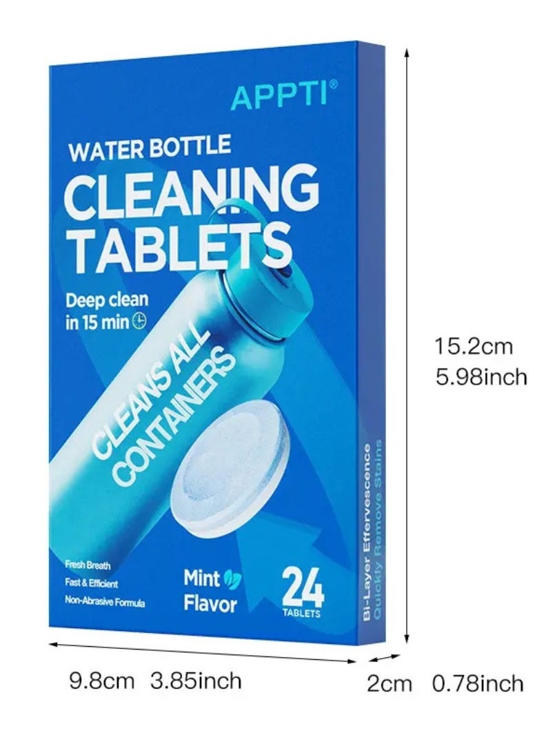 24 Count Water Bottle Cleaning Tablets Bottle Cleansing Tablet Hydration Pack Cleaning Tablets for All Plastics and Glass Drinking Container Mint Flavor Deep 15Min Clean Cleaner Tablets