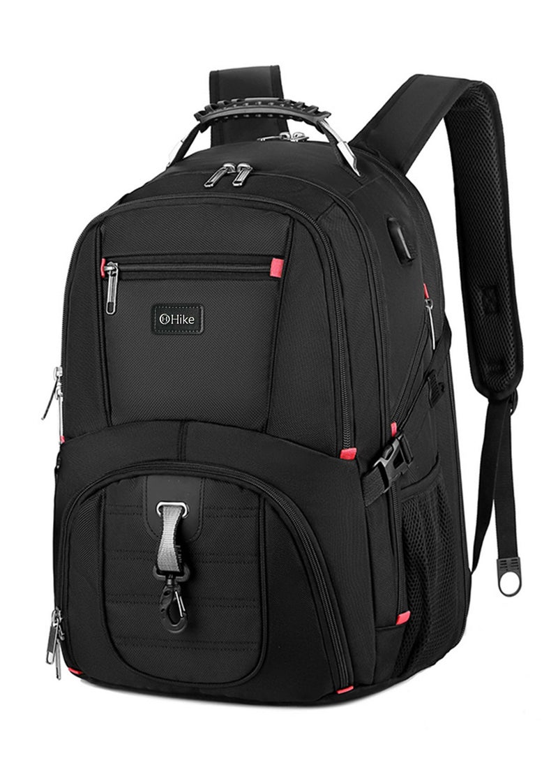 Unisex Laptop Backpack Water Resistant Carryon Daypack with Built in USB Port and Separate Laptop Compartment for Travel/Business/College, HK8001- BLACK