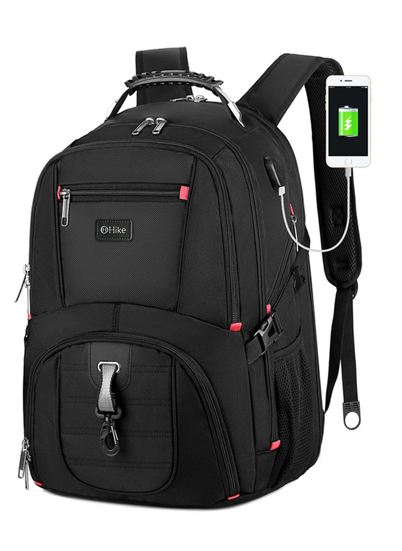 Unisex Laptop Backpack Water Resistant Carryon Daypack with Built in USB Port and Separate Laptop Compartment for Travel/Business/College, HK8001- BLACK