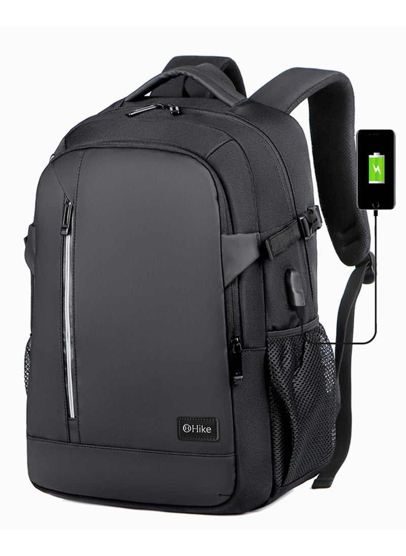 Durable Unisex Laptop Backpack Water Resistant Shoulder Daypack with Built in USB port and Headphone Jack for Travel/Business/College/ School, HKY2219 - Black