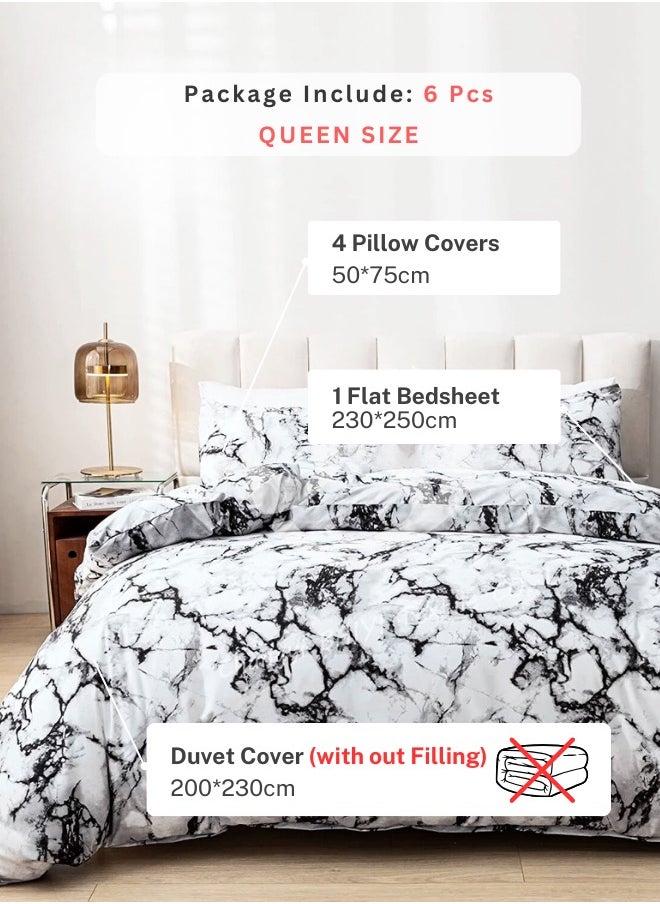 Queen Size 6 Piece Marble Design Duvet Cover Set Black and White color Bedding Set.