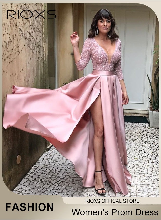 Womens Lace Sequin High Split Large Hem Gown High Waist Slimming Long Dress Elegant Wedding After-party Party Dress for Ladies