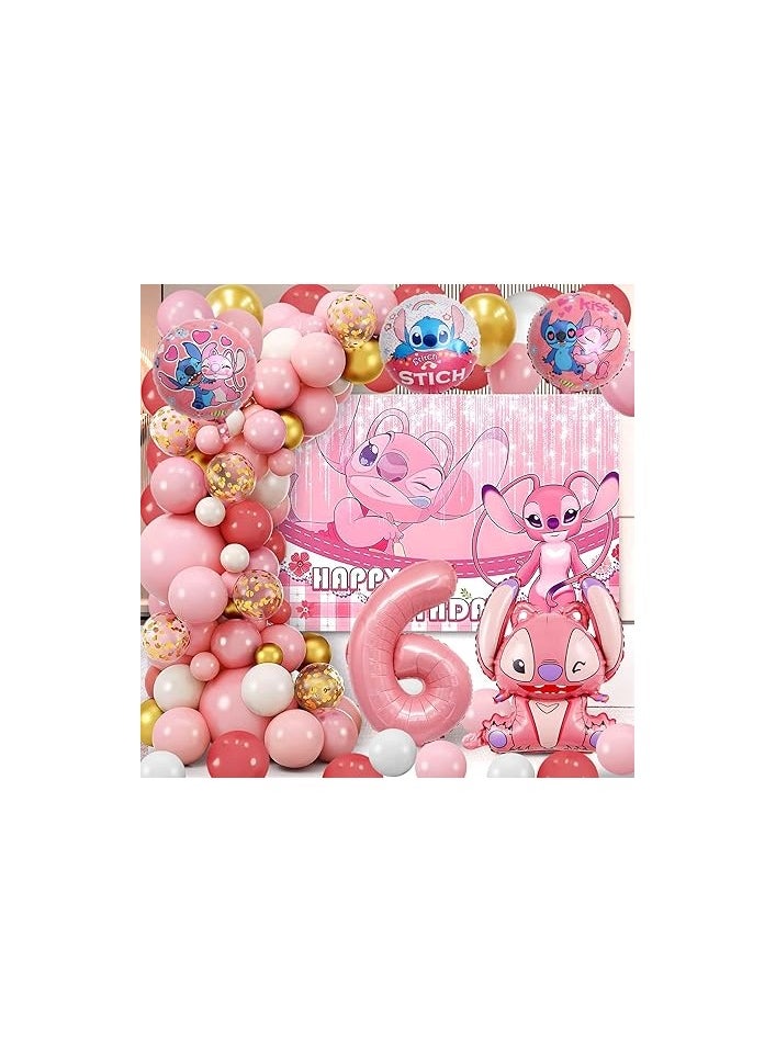 73 Piece Stitch Party Set, Lilol and Stitch Balloon, Stitch Birthday Decoration, Stitch Decoration Birthday, Stitch Balloon, Children's Birthday Balloon, Pink Series Balloons, 6 Years