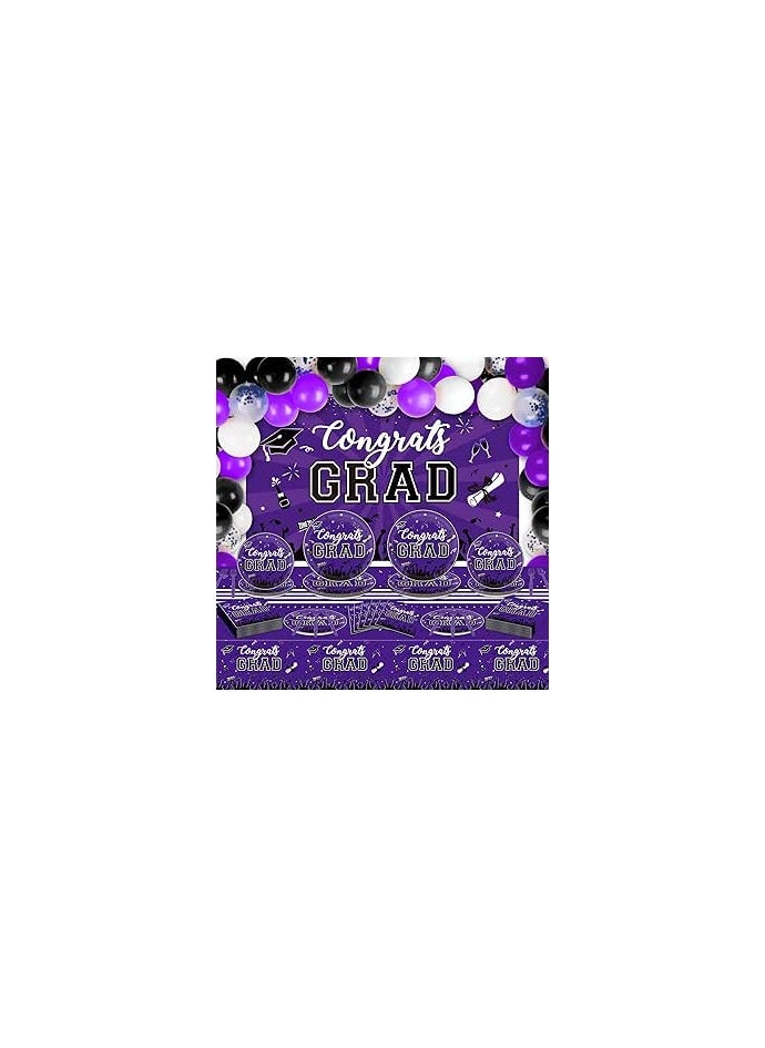 Graduation Party Supplies Set Purple Class of 2025 Graduation Decorations Including Graduate Tableware Paper Plates Napkins Plastic Tablecloth Backdrop Balloon Garland Kit for Grad Celebration